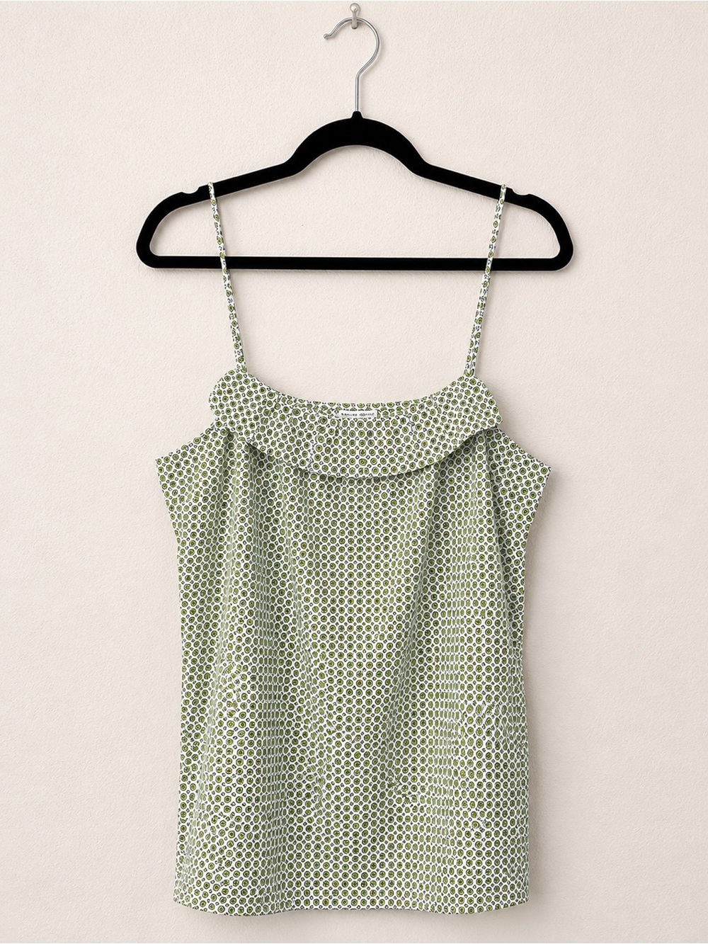J. Crew Green Geo-Print Ruffle-Trim Spaghetti-Strap Tank